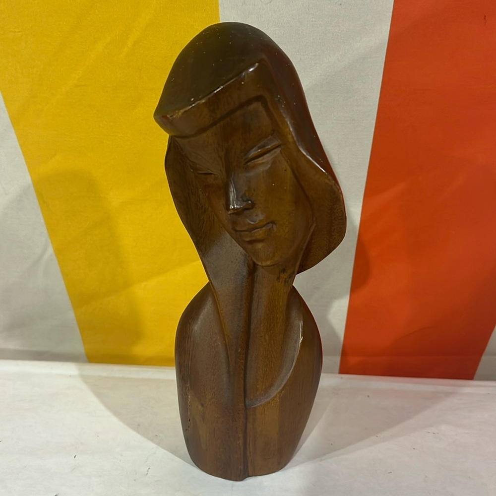 Unique, vintage MCM wooden bust statue of woman